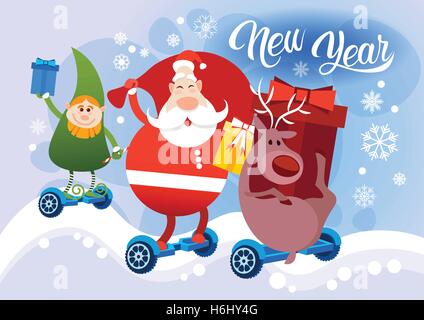Reindeer Santa Claus Elf Ride Electric Hover Board Happy New Year Holiday Merry Christmas Flat Vector Illustration Stock Vector