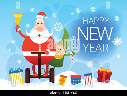 Santa Claus And Elf Ride Electric Mono Wheel Christmas Holiday Happy New Year Greeting Card Flat Vector Illustration Stock Vector
