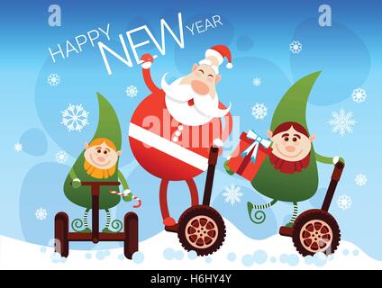 Santa Claus And Elf Ride Electric Mono Wheel Christmas Holiday Happy New Year Greeting Card Flat Vector Illustration Stock Vector