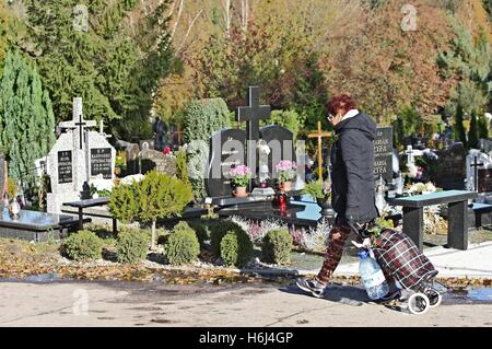 Gdansk, Poland 29 October 2016   A general view of the Lostowicki Cemetery in Gdansk, as ahead of the 1st November, All Saints Day, people pay respect to the dead family members, clean their family tombs, and many flowers and candles are placed on top of tombs. All Saints' Day on 1 November and All Souls' Day on 2 November are when millions of Poles visit the graves of loved ones, often travelling hundreds of kilometres to their home towns Credit:  Michal Fludra/Alamy Live News Stock Photo