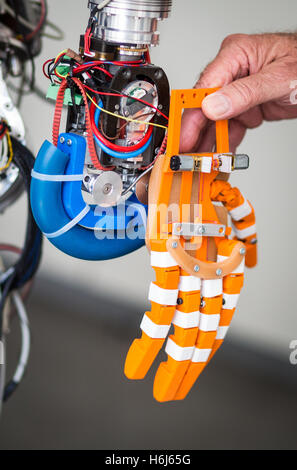Karlsruhe, Germany. 09th Sep, 2016. Ruediger Dillmann, director of the Karlsruhe Institute for Technology (KIT), holds up a robot hand next to a robot in a room at the KIT in Karlsruhe, Germany, 09 September 2016. Photo: Christoph Schmidt/dpa/Alamy Live News Stock Photo