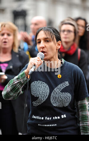 London, UK. 29th October, 2016. Becky Shah (Hillsborough Justice Campaign) addressing the United Friends and Family (UFFC) demonstration.  The annual remembrance procession and protest march against deaths in custody has been held annually for the last 18 years and is held to remember loved ones who have died in custody. Credit:  Michael Preston/Alamy Live News