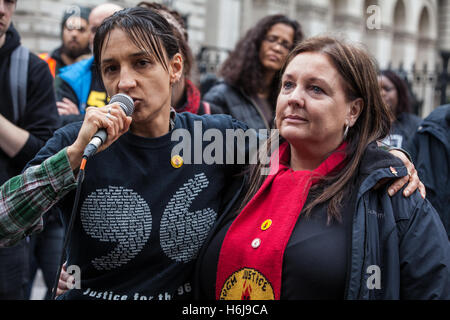 London, UK. 29th October, 2016. Becky Shah, daughter of Inger Shah, from the Hillsborough Justice addresses the United Families and Friends Campaign (UFFC) with Gill Edwards outside Downing Street. Inger Shah died in the Hillsborough disaster on 15th April 1989. Gill Edwards was critically injured. Credit:  Mark Kerrison/Alamy Live News Stock Photo