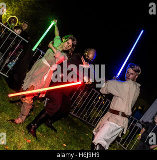 York, UK. 29th October, 2016. North Yorkshire’s biggest fireworks party, KABOOM, took place in the grounds of Castle Howard. Listed as one of the top 5 firework displays in the UK, the event also included a unique Star Wars themed laser show, Jedi light sabre training for all ages, a vintage funfair, fire and light jugglers, and the Minster FM stage show. A special outdoor screening of Disney’s Monsters Inc movie took place before the event with Star Wars: The Force Awakens being shown straight after the main firework display. Credit:  Bailey-Cooper Photography/Alamy Live News Stock Photo