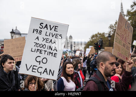 London, UK. 29th October, 2016. Animal rights activists march through Trafalgar Square en route to Parliament to demand that politicians and companies end the exploitation and killing of animals for the benefit of human beings. The march was organised by creative activism collective Surge.