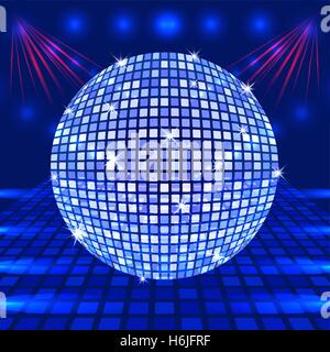 Disco ball in blue tones on a background with rays of light vector Stock Vector