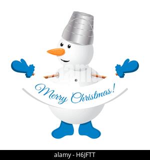 Cute snowman with with metal bucket on his head and a paper banner and the words Merry Christmas Stock Vector