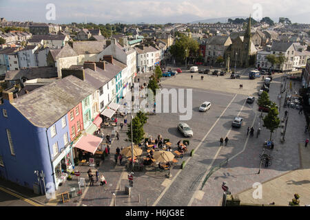 High view above Castle Square in the town centre from the castle walls. Caernarfon, Gwynedd, North Wales, UK, Britain Stock Photo