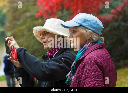 Two senior women stopped to take a photo of the Autumnal colours in October Stock Photo