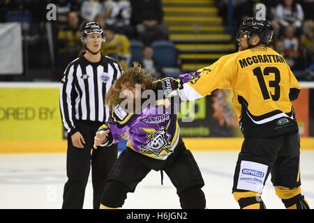 Brian Mcgrattan fights Eric Neilson during the Nottingham Panthers v Manchester Storm EIHL matchup. Stock Photo