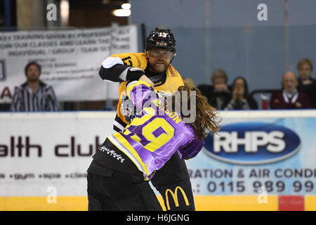 Brian Mcgrattan fights Eric Neilson during the Nottingham Panthers v Manchester Storm EIHL matchup. Stock Photo
