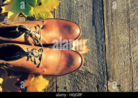 brown shoes on fall background Stock Photo