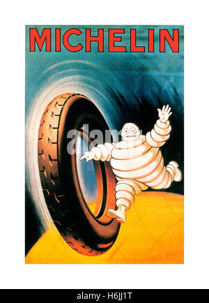 MICHELIN Vintage 1900's poster for Michelin tyres with Michelin Man 'Bibendum' running with car tyre pointing to tread contact footprint Stock Photo