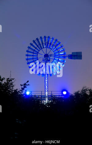 Illuminated windmill in the Landschaftspark Duisburg Nord landscape park, Route der Industriekultur Route of Industrial Heritage Stock Photo