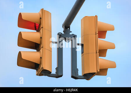 two traffic lights on sky background Stock Photo