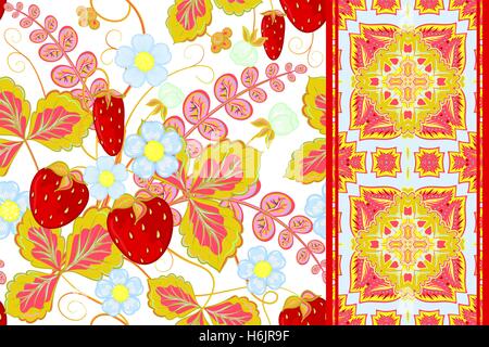 Set of strawberries seamless hand drawn vector pattern and seamless border or ribbon, band, tape Stock Vector