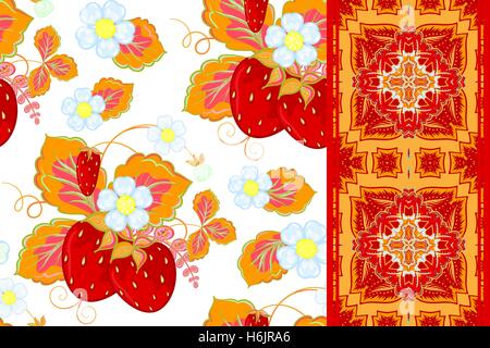 Set of strawberries seamless hand drawn vector pattern and seamless border or ribbon, band, tape Stock Vector