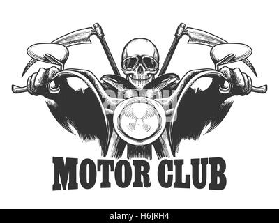 Motor Club Emblem Death on a motorcycle in  glasses  with scythes. Biker symbol drawn engraving style. Vector illustration Stock Vector