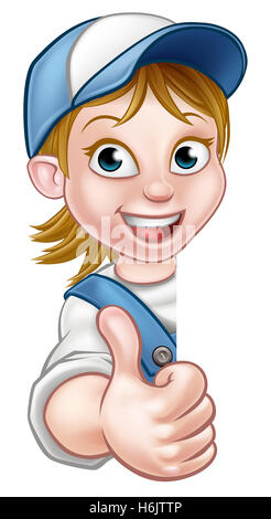 Cartoon woman handyman, builder, mechanic, carpenter, electrician or plumber character in giving thumbs up Stock Photo