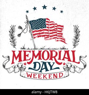 Memorial Day weekend greeting card. Hand-lettering party invitation. Sketch of american patriotic flag and ribbon. Vintage typog Stock Vector
