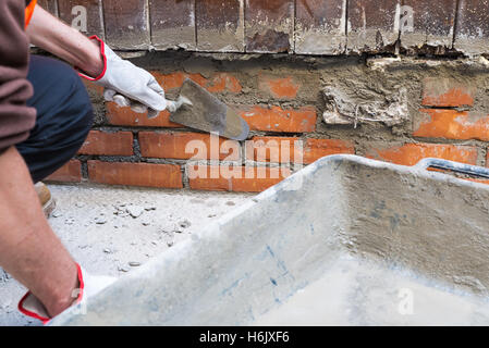 Home repair. Construction worker holding a trowel putty knife Stock Photo