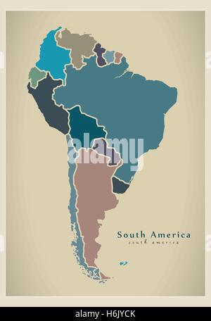 Modern Map - South America with all countries complete colored Stock Vector