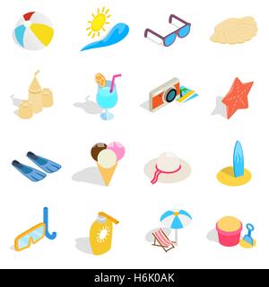 Beach icons set, isometric 3d style Stock Vector