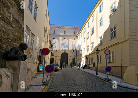 Main entrance with a bust of Sir Winston Churchill and the British Embassy in the Castle District of Prague in the Czech Republi Stock Photo