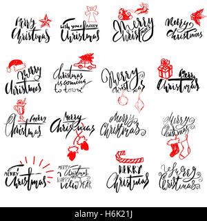 Merry Christmas handwritten lettering. Typographic emblems set. Vector logo, text design. Usable for banners, greeting cards, gifts, labels. Stock Vector