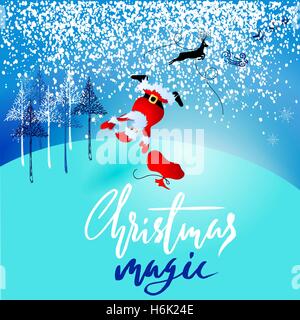 Santa Claus fall from sleigh with harness on the reindeer. Vector illustration. Chtistmas handwritten lettering. EPS10 Stock Vector