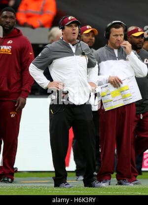 Washington Redskins head coach Jay Gruden during the NFL International Series match at Wembley Stadium, London. Stock Photo