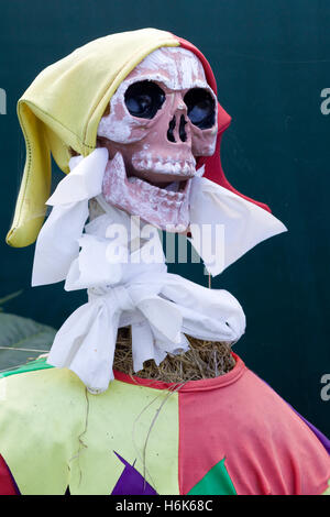 Court Jester skull Novelty Scarecrow in a English country garden Stock Photo