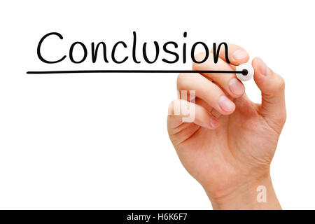 Hand writing Conclusion with black marker on transparent wipe board. Stock Photo