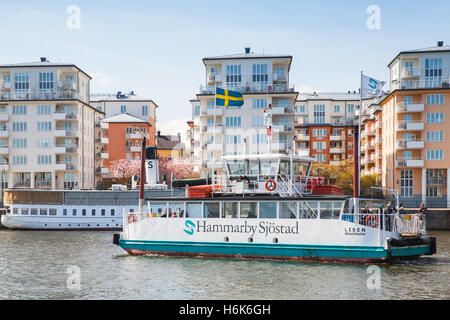 Stockholm, Sweden - May 3, 2016: Small passenger ferry Lisen with ordinary people on board, regular public transportation Stock Photo