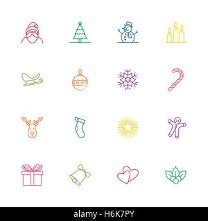 Christmas and new year icon set vector illustration - colorful outline Stock Vector