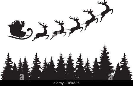 vector illustration of Santa Claus flying with deer over trees Stock Vector