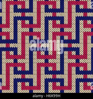 Interlacing geometric lines in pink and blue colors over white background, seamless knitting vector pattern as a fabric texture Stock Vector