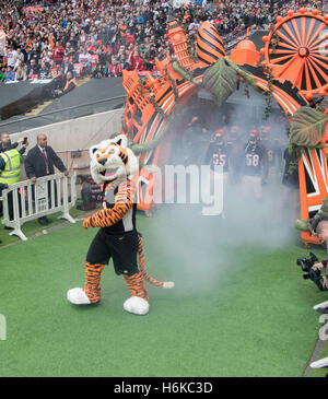 Wembley Stadium, London, UK. 30th Oct, 2016. NFL International Series. Cincinnati Bengals versus Washington Redskins. The Cincinnati Bengals team mascot WHO-DEY leads the team as it is introduced to the stadium fans through their team arch before the game. © Action Plus Sports/Alamy Live News Stock Photo