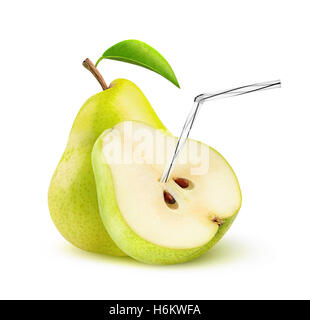 Isolated pear juice. One and a half yellow green pear fruit with straw in it, natural fresh juice concept isolated on white back Stock Photo