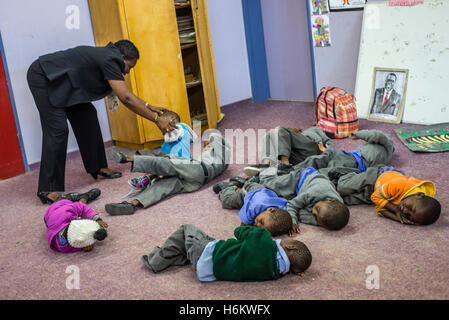 The teacher Josephina Hangula has a lesson with the orientation group for hearing impaired children at Eluwa Special School in Ongwediva Stock Photo