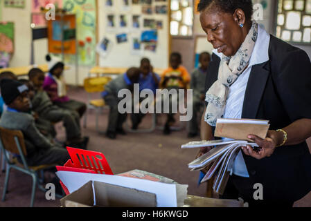 The teacher Josephina Hangula has a lesson with the orientation group for hearing impaired children at Eluwa Special School in Ongwediva Stock Photo