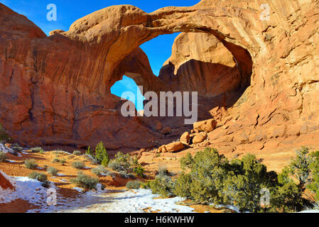 Double Arch in Arches National Park, Utah in winter Stock Photo