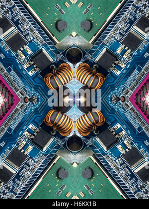 A kaleidoscope image made from the inside of a computer - its motherboard, computer chip, and electronic parts. Stock Photo