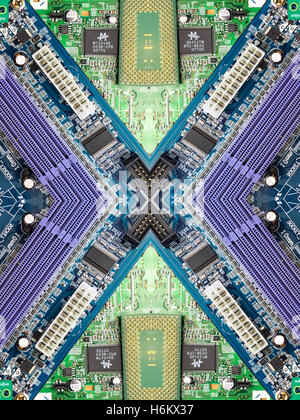 A kaleidoscope image made from the inside of a computer - its motherboard, computer chip, and electronic parts. Stock Photo