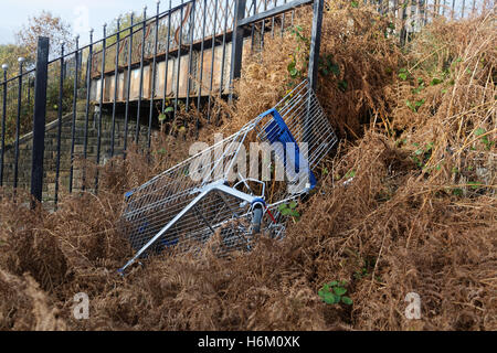 Discarded stolen or lost shopping trolley drolly supermarket basket in grassy hill Stock Photo