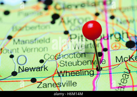 Wheeling pinned on a map of West Virginia, USA Stock Photo