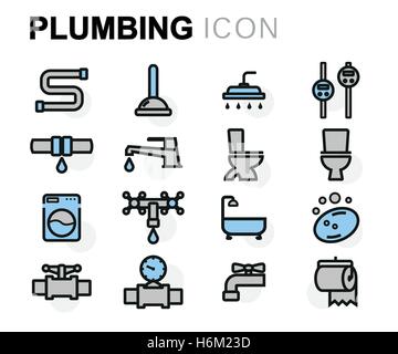 Vector flat line plumbing icons set on white background Stock Vector
