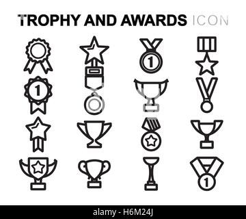 Vector black line trophy and awards icons set on white background Stock Vector