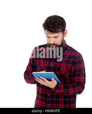Handsome men wearing checkered shirt with a tablet isolated on a white background Stock Photo