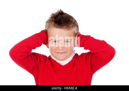 Little kid covering the ears isolated on a white background Stock Photo